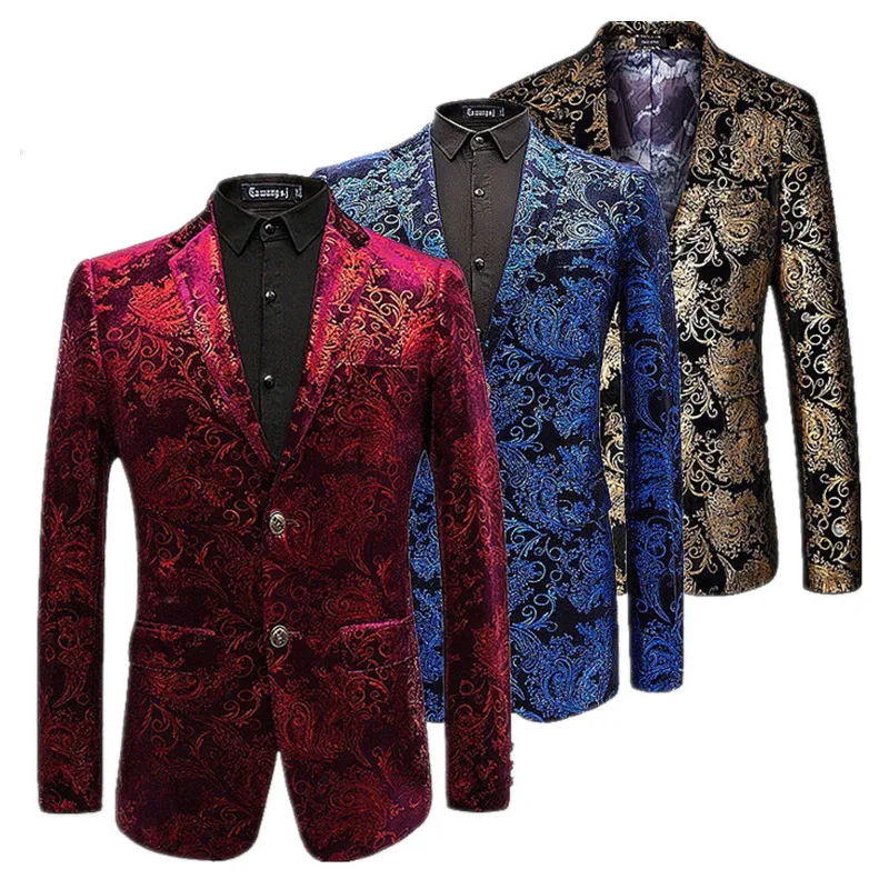 Goede Fluwelen Zilver Blazer Mannen Paisley Bloemen Jassen Wijn Rood Gouden Podium Jasje Elegante Bruiloft Heren Blazer Plus Size M 6XL