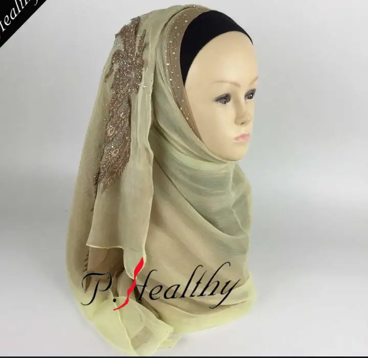 Великолепный вышитый Алмазный Свадебный хиджаб мусульманский шарф шаль ислам женский платок двухслойный двухцветный хиджаб для невесты
