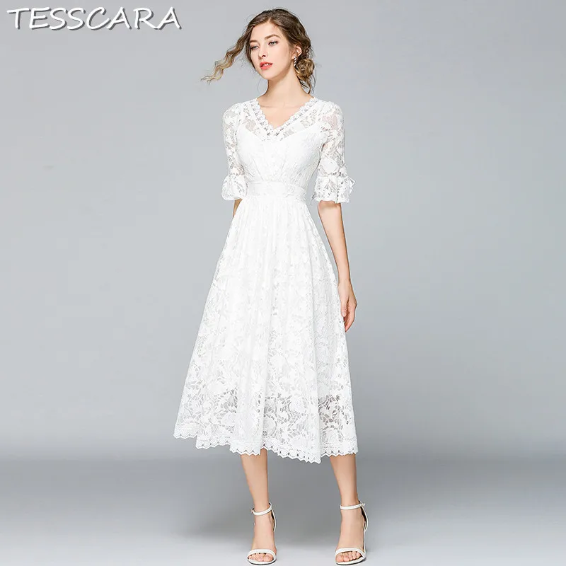 

TESSCARA Women Summer Long White Lace Dress Female Elegant Wedding Party Robe Femme Designer High Quality Flower Girl Vestidos