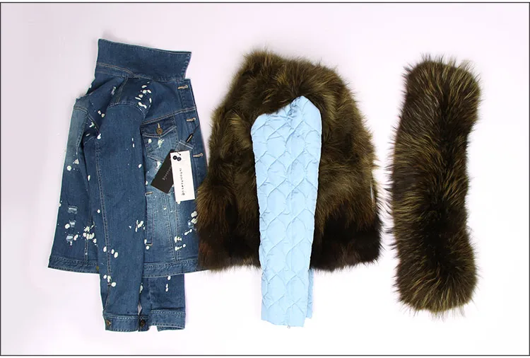 Джинсовая куртка Новая модная зимняя женская однотонная ковбойская куртка с воротником из натурального енота+ Съемная подкладка короткая женская куртка пальто