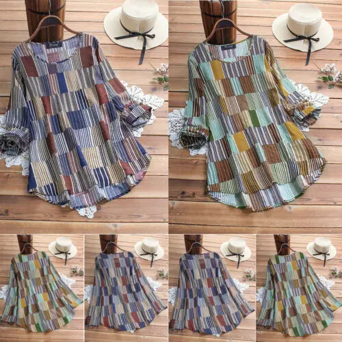 

Womens Summer Striped O Neck Long Sleeve Loose Baggy Tops Tunic T Shirts Plus Size