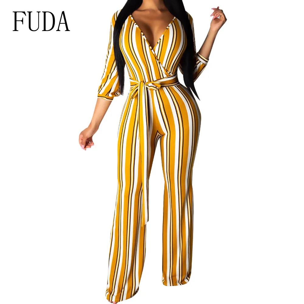 

FUDA Sexy Deep V-neck Striped Jumpsuit Autumn Women Half Sleeve Bodycon Playsuit Casual Loose Overalls Combinaison Femme