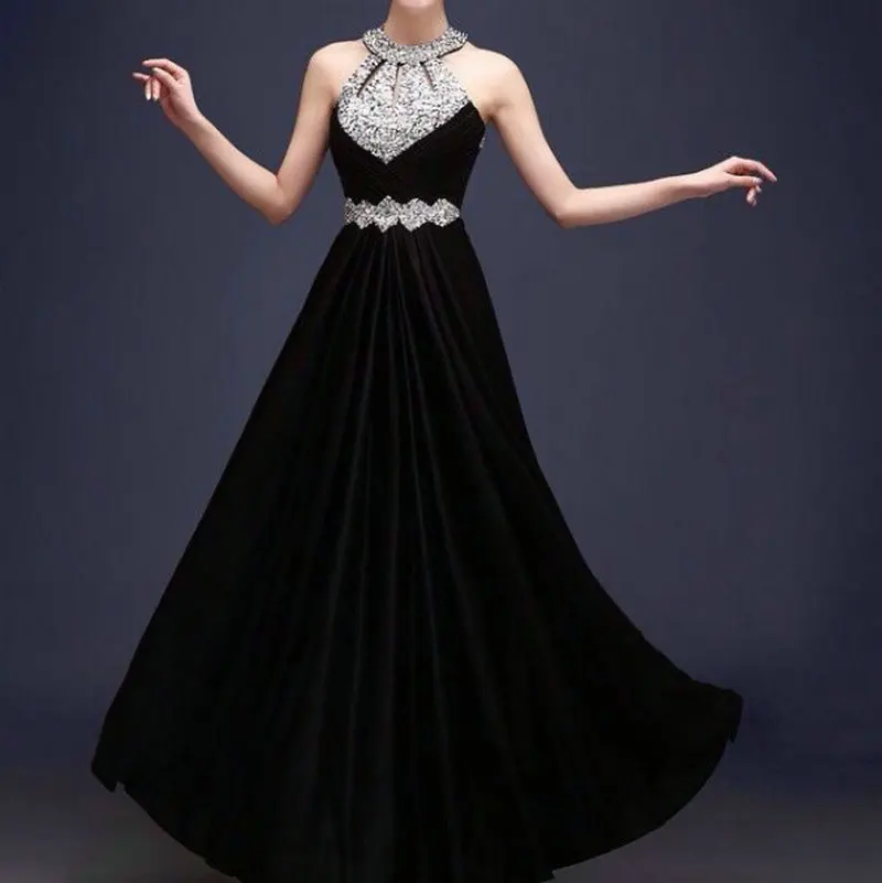 Блестящее женское длинное вечернее платье, вечерние платья со светоотражающим круглым вырезом, эластичное атласное блестящее платье для выпускного вечера с бисером и кристаллами - Цвет: Черный