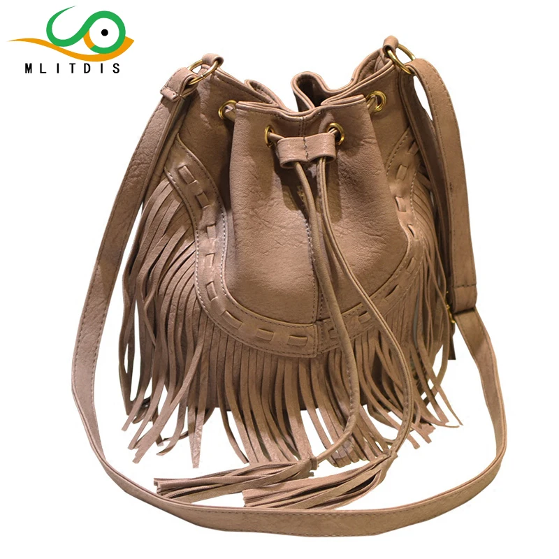 MLITDIS 2017 New Drawstring Bucket Bag Fashion Tassel Shoulder Bags Women Handbag Faux Fringe