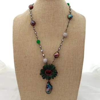 

22" Black Keshi Pearl Green Stone Necklace CZ Pave Pendant
