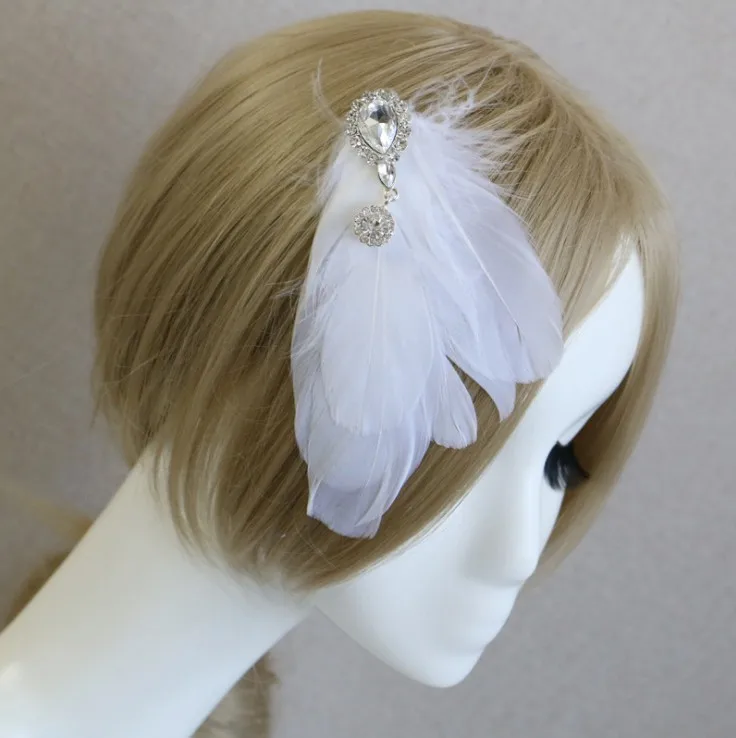 

1 Piece Pure White Feather Bride Wedding Headwear Rhinestones Diamond Curly Hair Clip Pin Tiara Accessories for Performance
