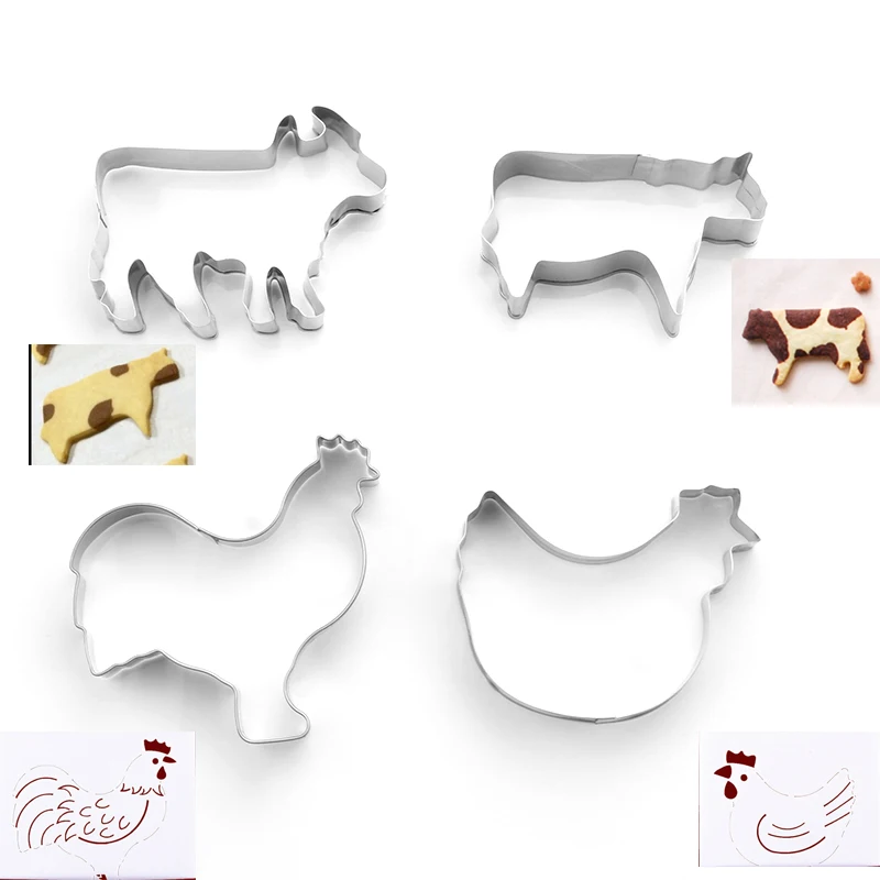 

4pcs/Set DIY Cow Rooster Hen Shape Cookie Cutter Cake Decorating Fondant Cutters Tool Cookies Stainless Steel Biscoito