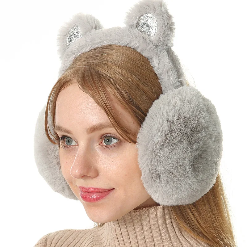 

Korean-style earmuff warm women's winter earmuffs bow sequin cat ears plush earmuffs earmuff Rex rabbit fur Earmuff