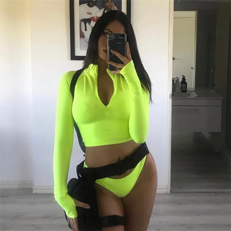 Cryptographic 2019 fashion neon green women sets zipper sexy crop tops with hole thumbs long sleeve two pieces high waist shorts Cryptographic 2019 fashion neon green women sets zipper sexy crop tops with hole thumbs long sleeve two pieces high waist shorts
