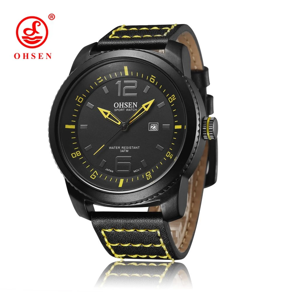 

Famous Brand Ohsen Yellow Black Fashion Waterproof Men Quartz Wristwatch Leather Strap Fashion Business Male Hand Hours Gifts