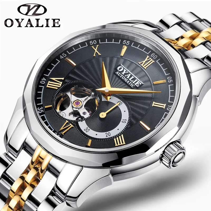 OYALIE Top Brand Luxury Business Male Clock Watches Roman Numeral Dial Silver/Gold Steel Chain Men Mechanical Wristwatches G9725 OYALIE Top Brand Luxury Business Male Clock Watches Roman Numeral Dial Silver/Gold Steel Chain Men Mechanical Wristwatches G9725