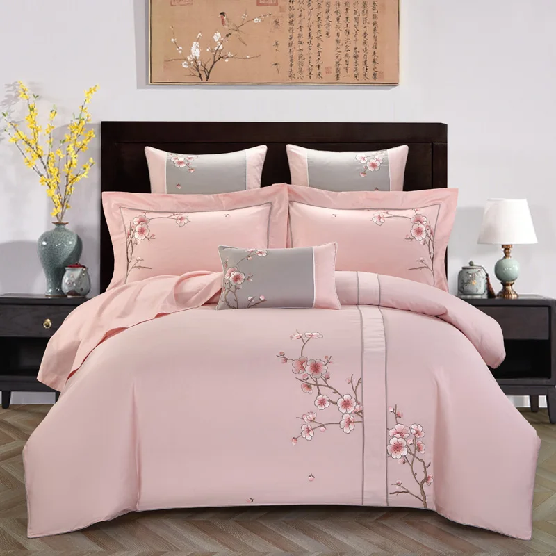 

YeeKin 60S Egyptian Long-Staple Cotton Embroidery Peach Blossom Chinese Weddding Bedding King Sateen Cotton Embroidery Peach