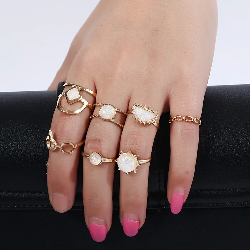 

7pcs/Set Bohemia Antique Gold Color Moon lozenge Round Opal Carved Rings Set Knuckle Rings for Women Jewelry