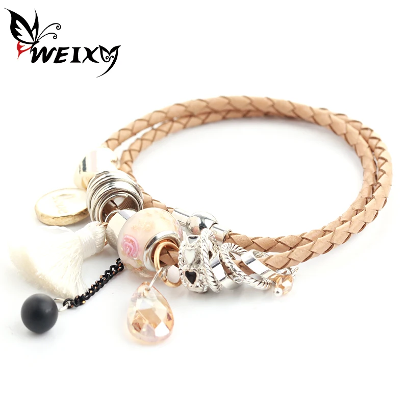 

WEIXY Woman Fashion Strand Bracelets Tassel Accessories Handmade Beads Crystal Alloy Pendant Black Rope Bracelet for Girls