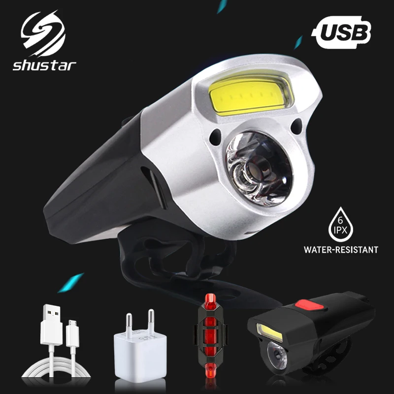 

Bicycle light LED+COB double headlight 15 lighting mode highlight IPX6 waterproof USB charging built-in 18650 battery headlights