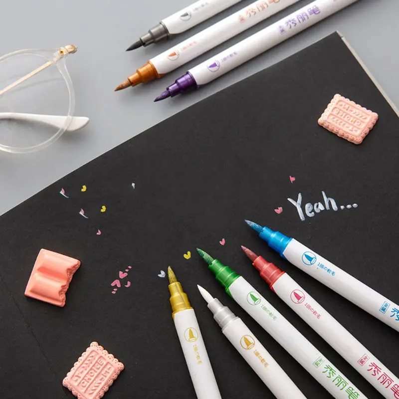 Цветной набор ручек с двойной головкой, Студенческая металлическая ручка для заметок, креативная ручная карточка для рисования, каллиграфия, ручка для рисования