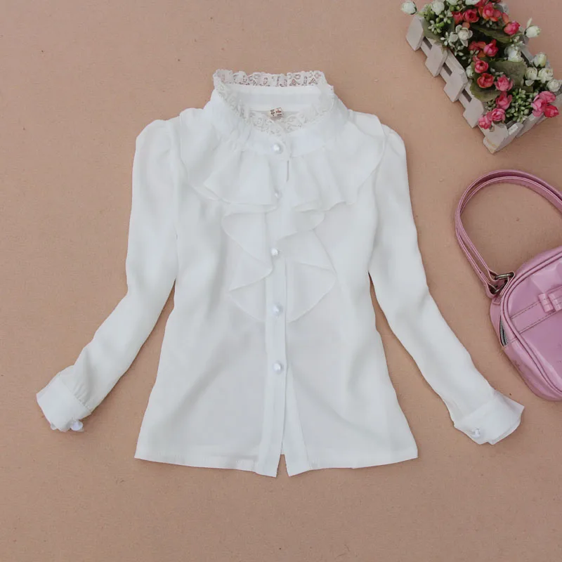 Girls Spring Autumn Blouses Chiffon Peter Pan Collar Long Sleeve Shirt White Lace Decoration 6 8 10 Y