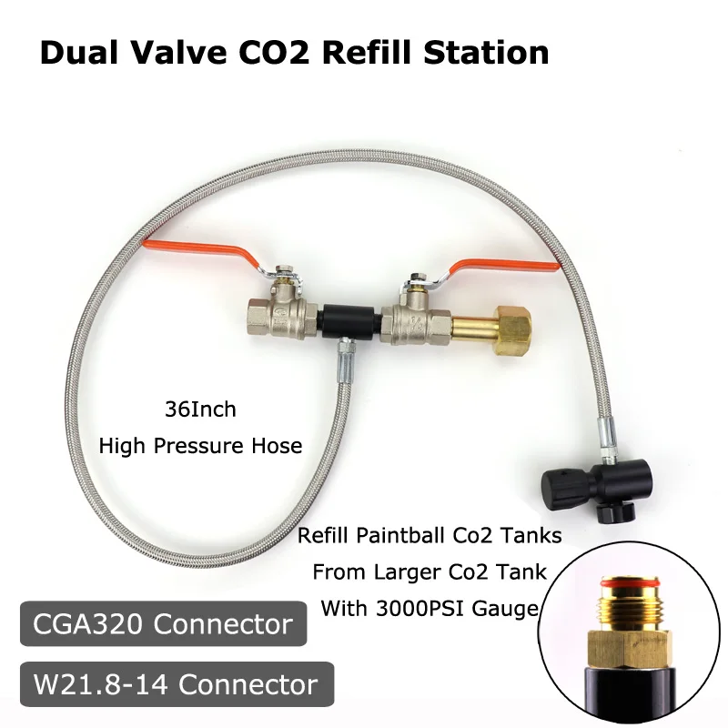 

NEW Paintball PCP Deluxe Dual Valve CO2 Fill Station Adapter With Gauge 37Inch High Pressure Hose CGA320 & W21.8-14(DIN 477)