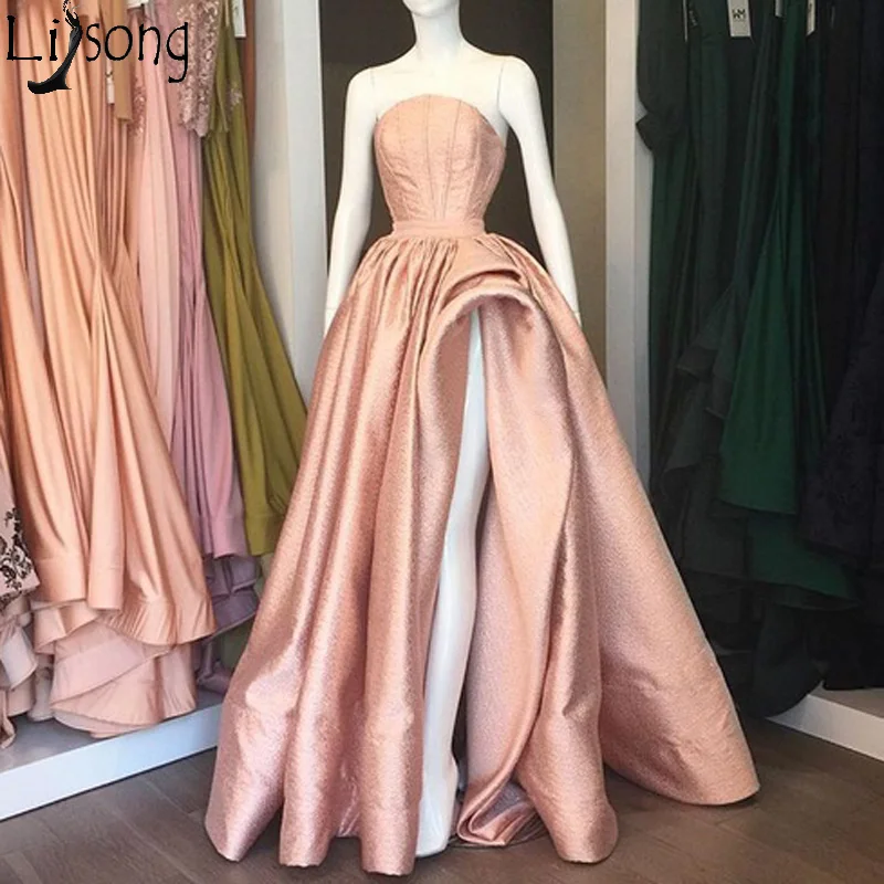 

2019 Sexy High Slit Chic Prom Dress Robe de soiree Peach Pink Unique Pleated Long Evening Dress Formal Party Gowns Abendkleider