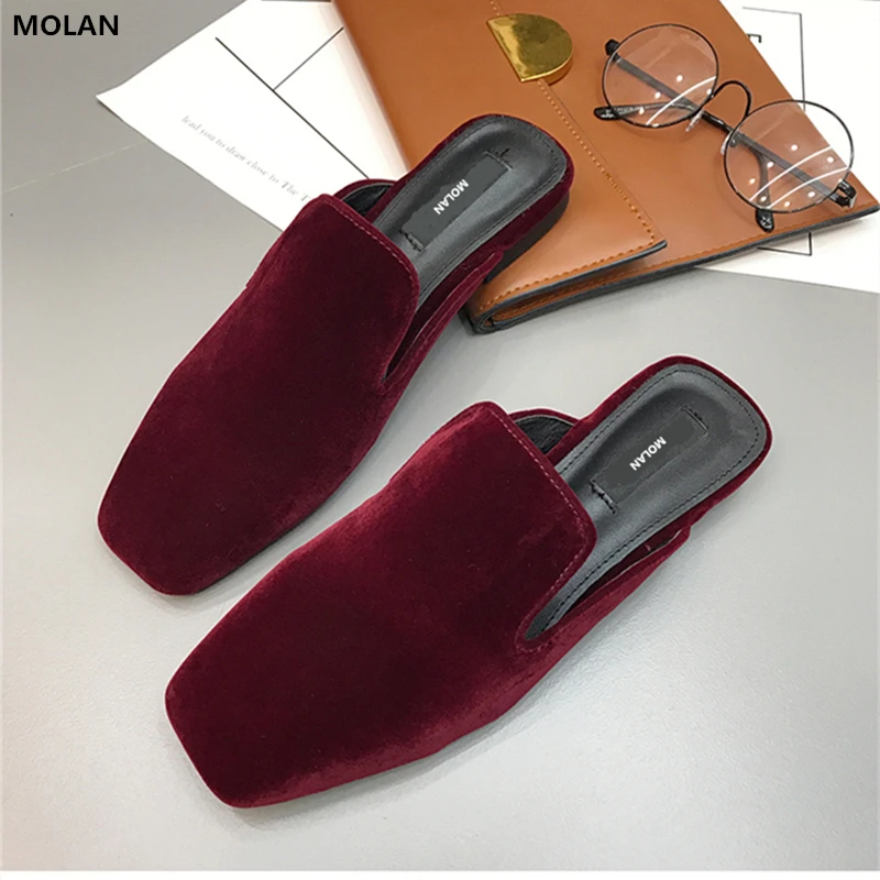 

MOLAN Brand Spring Furry Slippers Women High Quality Square Toe Flat Platform Loafers Velet Mules Flip Flops Sandasls Slides