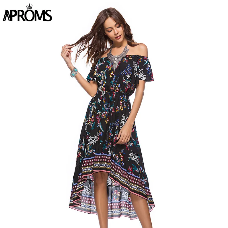 

Aproms Off Shoulder Multi Print Summer Dress Women Casual Boho Midi Dress Spring 2019 Elegant Lady Long Dress Sundress Vestidos