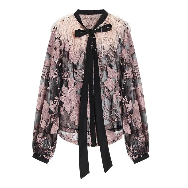 

2019 Spring Lace Embroidery Ostrich Hair Blouse Women's Shirt Black Bow Collar Long Sleeve Perspective Tops High Quality