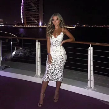 

2018 Newest Fashion Women Lace Dress Elegant White Spaghetti Strap V Neck Summer Night Out Party Bandage Dress Vestido Wholesale