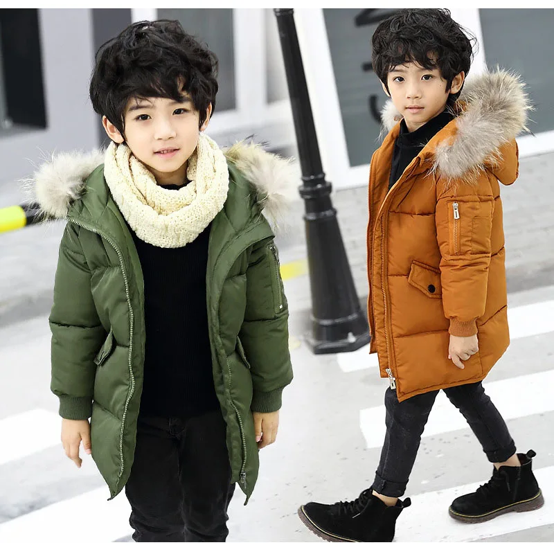 kids padded long fur hood children's winter jackets little big boys