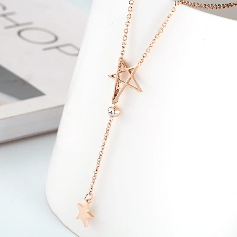 

Stainless Steel Initial Pentagram Necklace with Crystals Rose Gold Choker Necklace for Women with Tassel Collier Femme Jewelry