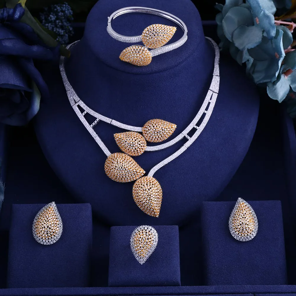 

jankelly 2 Tones 4pcs Bridal Zirconia Jewelry Sets For Women Party, god ki Luxury Dubai Nigeria CZ Crystal Wedding Jewelry Sets