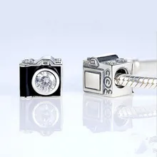 Original 925 de Plata de ley y Esmalte Negro Sentimental Instantáneas Cámara Charm Cabida Los Granos De Pandora Pulsera de DIY Que Hace FL242