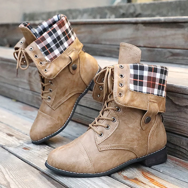 

Plus Size 43 Motorcycle Boots Women Fashionable PU Solid Winter Boots For Ladies Lace-Up Cmfortable Mid Calf Boots Female