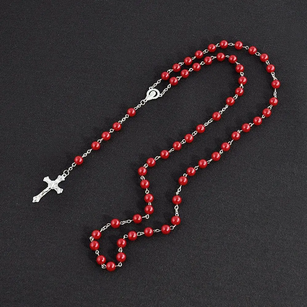 Rosary Handmade Round Glass Imitation Pearl Bead Alloy Cross Pendant Christian Catholic Religious Pendants Necklace