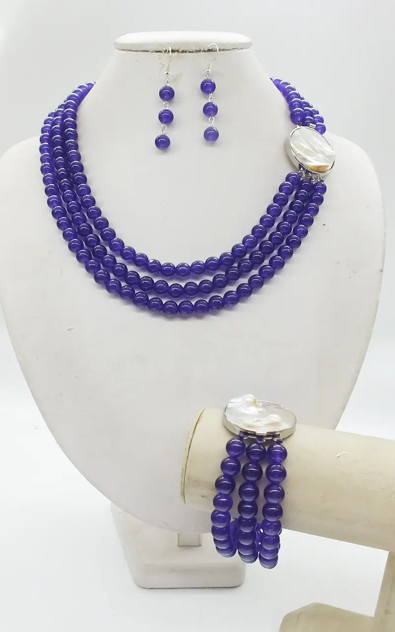 3 rows, 8MM super Pretty, purple, semi-precious stones, crystal, classic bridal wedding necklace bracelet earrings, jewelry set