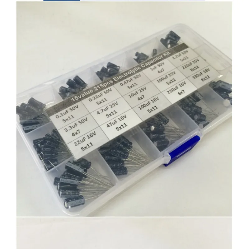 

215pcs/lot 15Values Electrolytic capacitor Assortment kIT 0.1uf~330uf 16V 25V 50V 4X7MM 5X11MM 8x12mm