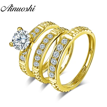 

AINUOSHI Real Gold TRIO Rings 14K Yellow Gold Couple Ring Set Channel Design Vintage Band Engagement Wedding Rings Jewelry