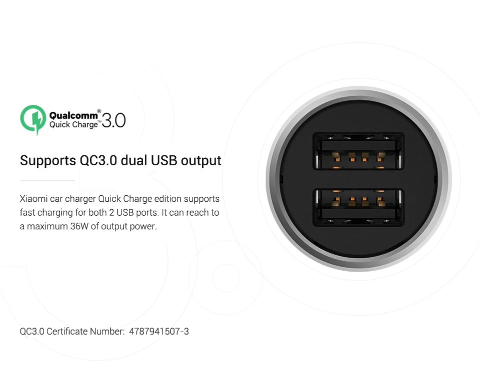 Xiaomi Mi автомобиля Зарядное устройство QC3.0 X2 Dual USB Быстрая зарядка макс. 5 В/3A 9В/2A 15В/1.5A металлический Стиль