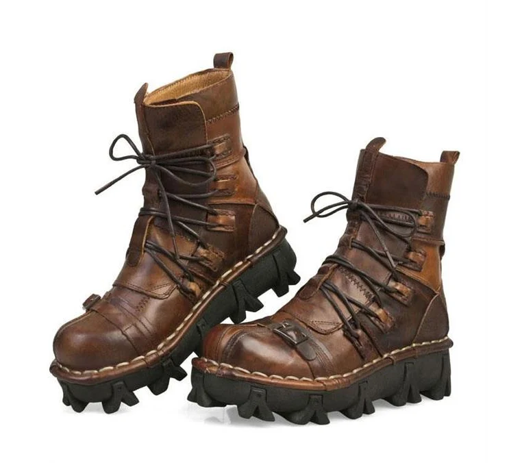 

2018 Genuine Leather Handmade Uniform Boots Gothic Martin Skull Platform Punk Boots Army Desert Boots Hiking Mens Shoes