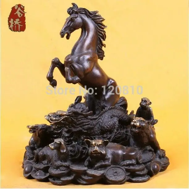 

China Pure Bronze FengShui Year Zodiac Jump Horse On YuanBao Coin Statue Animal