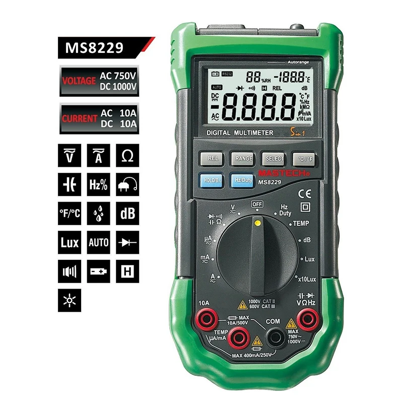 

Mastech MS8229 Digital Auto range Multimeter DMM Meter 5 in 1 Multitester Light Sound Level Temperature Humidity Tester