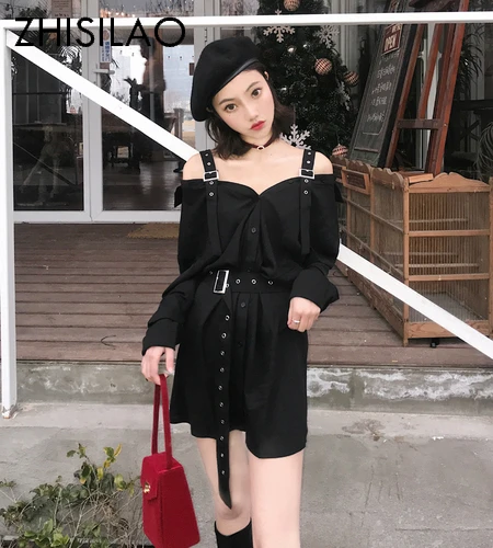 

Long Sleeve Blouse Dress 2019 Off Shoulder Black Women Long Blouse Shirt Plus Size With Belt Sexy Women Tops Vintage Blouse Chic