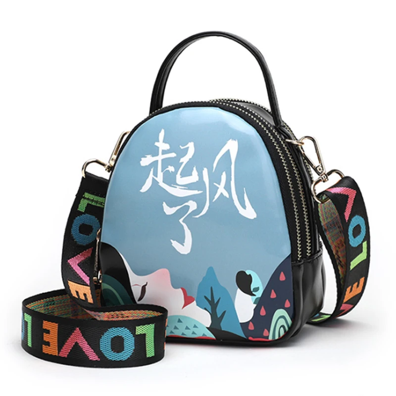 

2019 female bag new new graffiti inkjet small square bag color shoulder strap wild single shoulder slung female bag