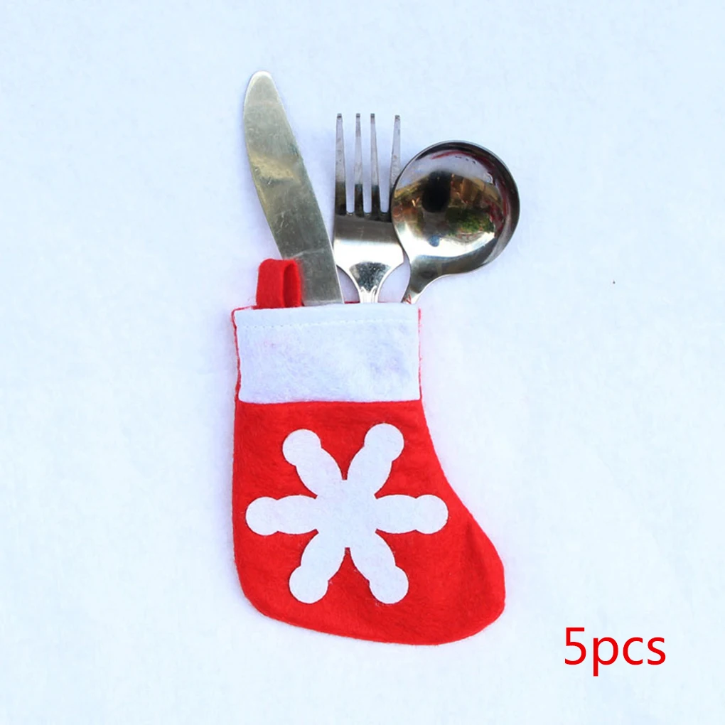 

5PCS Christmas Sock Decorations Snowflake Tableware Holders Candy Pouch Bag