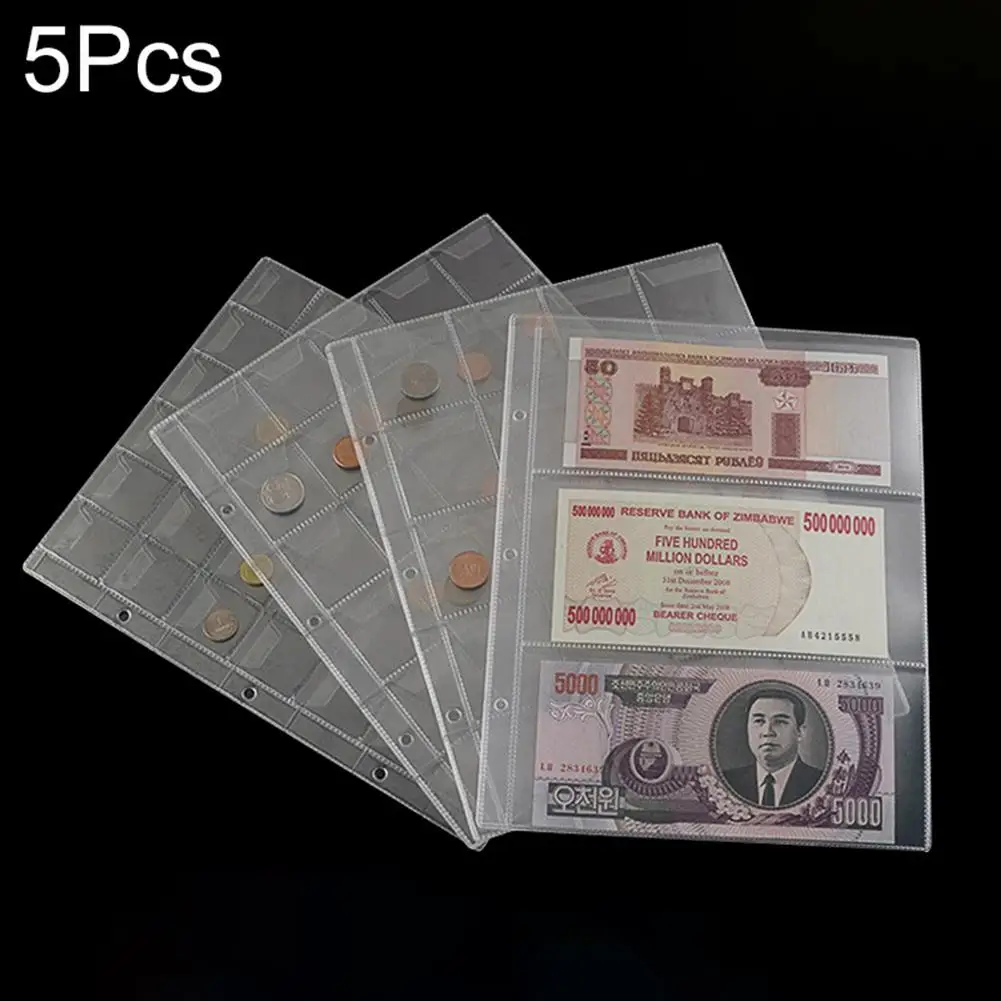 

5Pcs 3 Pockets Pages Paper Money Album Currency Banknote Stamps Storage Holder Set