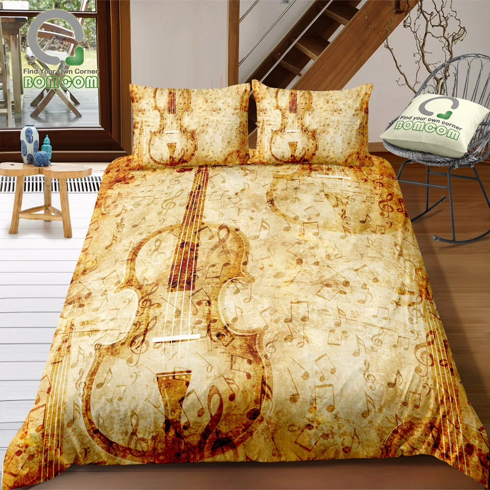 

BOMCOM 3D Digital Printing Bedding Set Vintage Paper Violin Music Note 3-Pieces Duvet Cover Sets 100% Microfiber