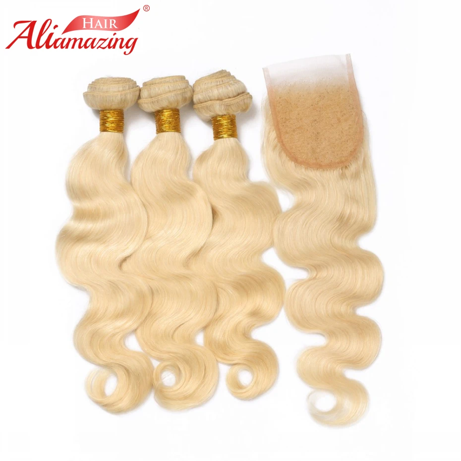 Ali Amazing Hair 613 Blonde Brazilian Body Wave Human Bundles with Closure 3 4x4 Lace Natural Color | Шиньоны и парики