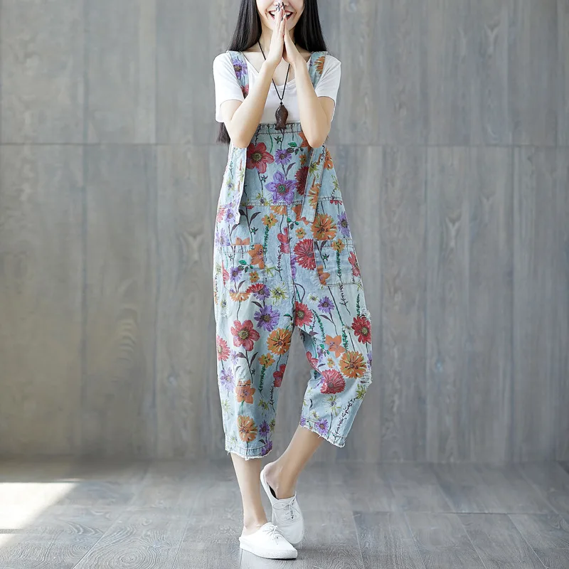 THE NLMU 2018 Loose Floral Print Denim Overalls Women Autumn Casual Plus Size Flower Pattern Ankle-Length Pants for Girl JH58 Pants