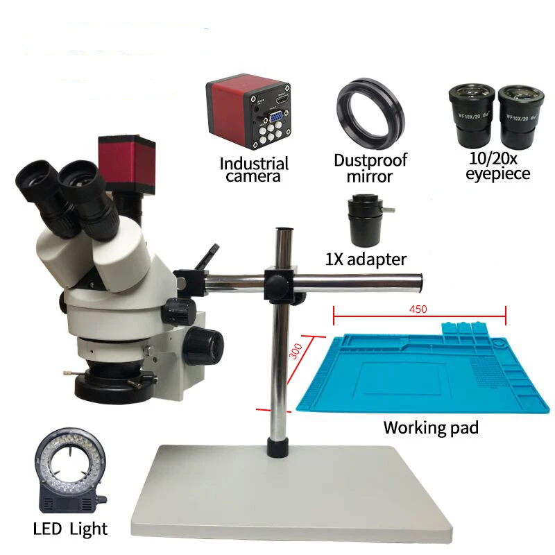 

simul-focal HDMI/VGA microscope camera+Continuous Zoom 7~45X Trinocular Stereo Microscope+56 LED Light +Universal bracket +Mat