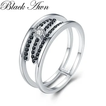 

BLACK AWN Trendy 3.2g 925 Sterling Silver Fine Jewelry Baguet Row Engagement Black Spinel Wedding Rings for Women G017