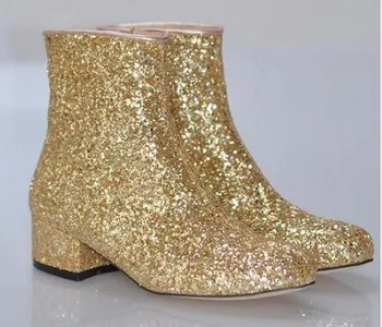 

bling bling Sequins T-stage Women Glitter Ankle Boots Square Heels Sparkly Sequined club ankle woman Boot large size custom 45